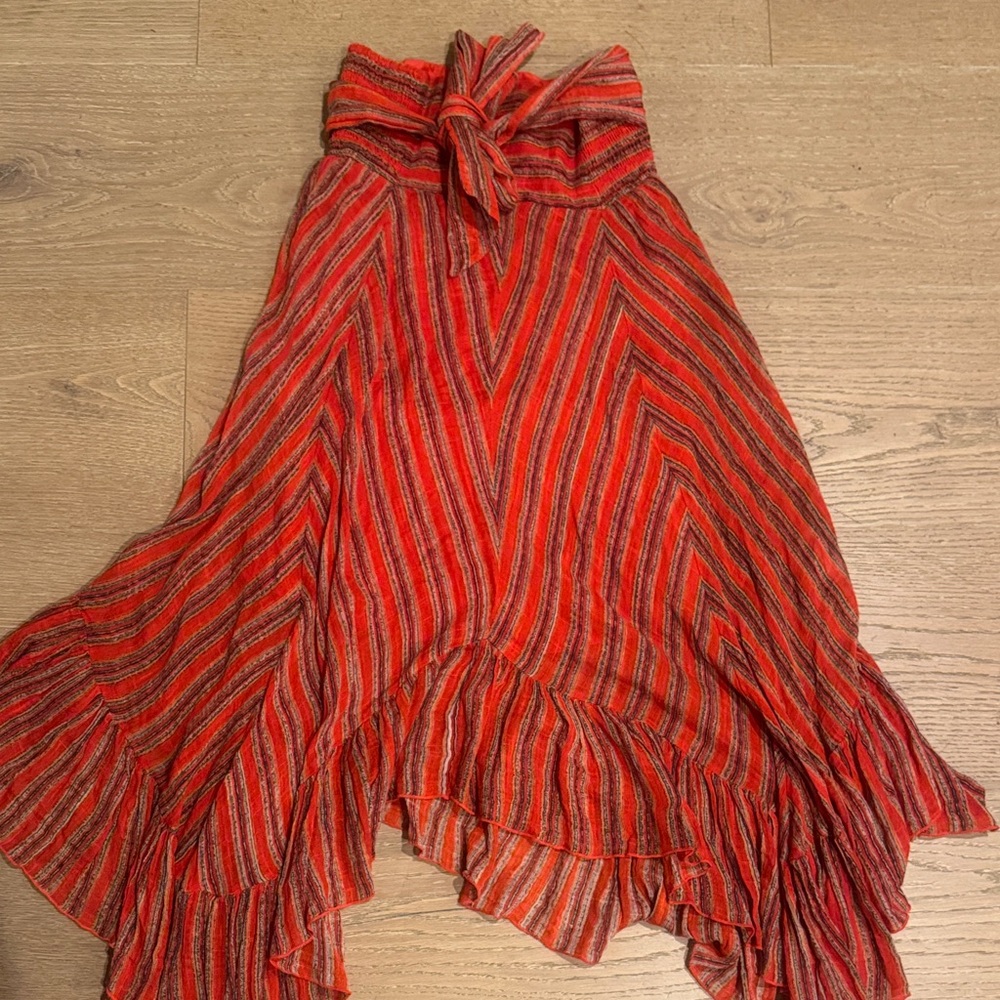 Womens Red Striped Flowy Ruffle Hem Skirt